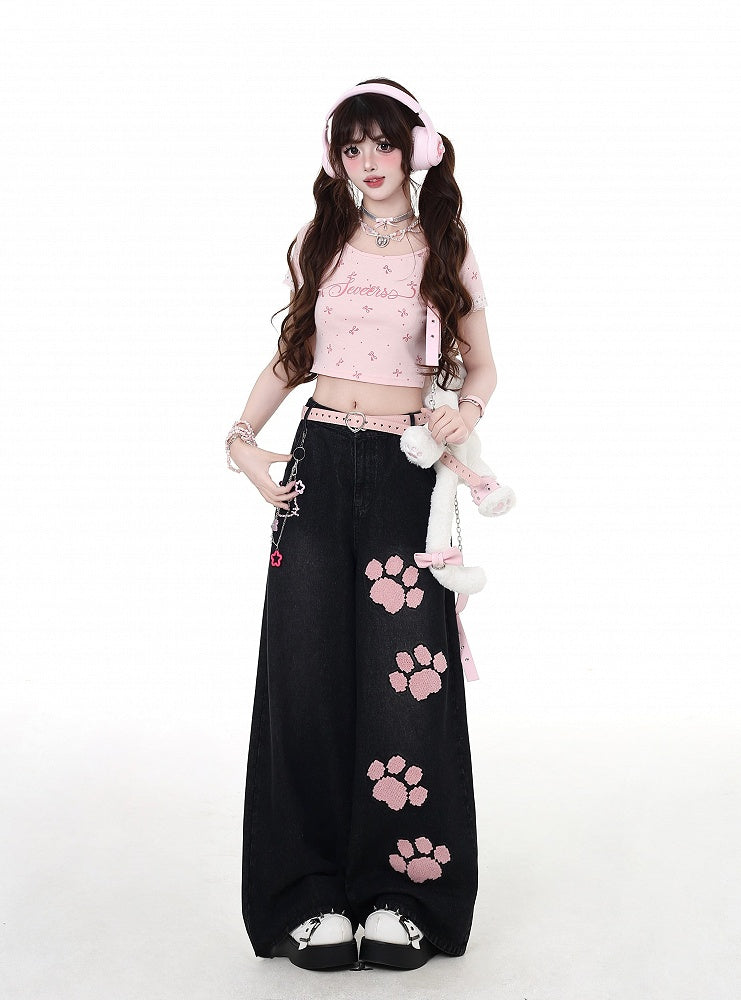 Taille Straight-Leg Jeans Rosa Pfotenstickerei Schwarz Niedrig