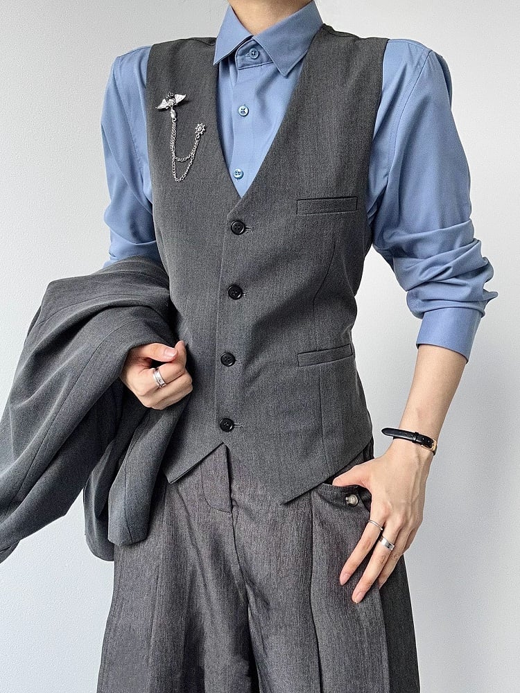 Button-Front  Gray Ouji Lolita Closure V-Neck Vest with Suit
