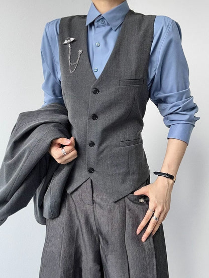 Button-Front  Gray Ouji Lolita Closure V-Neck Vest with Suit