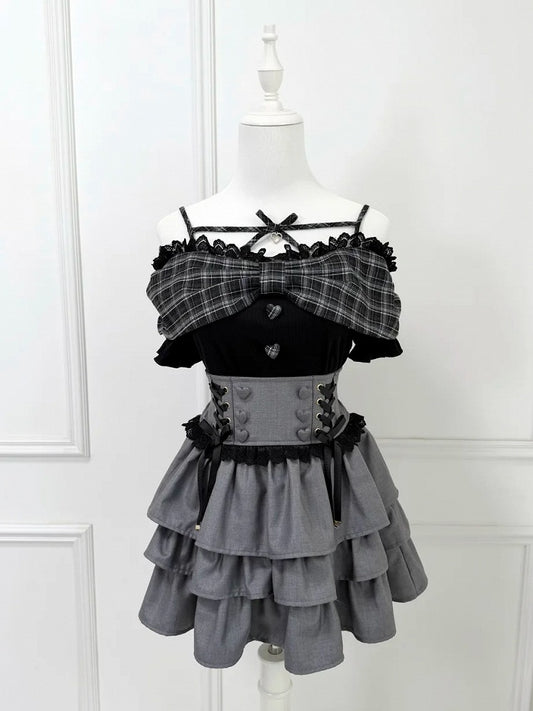Black Plaid Lace Off-Shoulder Knit Tee - nekura