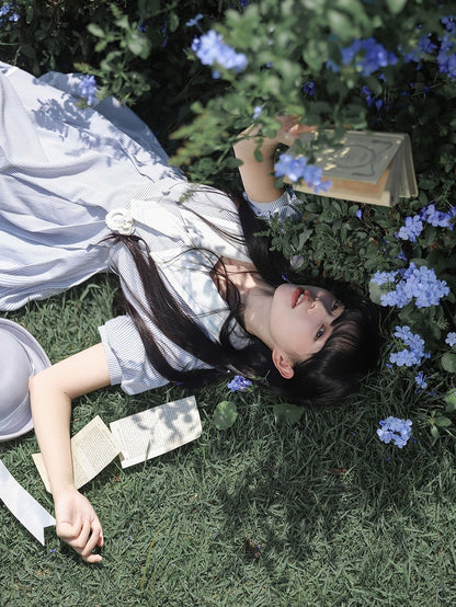 Weiß Gestreiften und Kleid Sommer Ärmeln Taille Puff Blau Gürtel mit