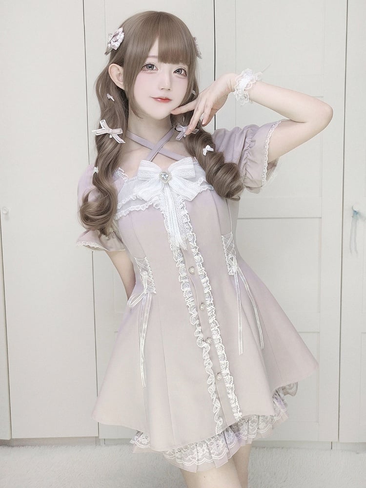 Dress Shorts Set: Buttons Coord Heart + Sweet Kei Jirai with Light Pink Shaped Halter