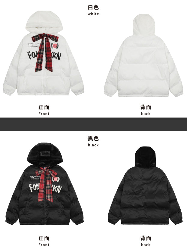 Schwarze/weiße Jacke mit Buchstaben-Print und selbstbindender Schleife und Kapuze