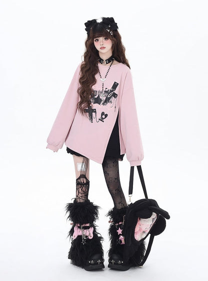 Rosa/schwarzes Sweatshirt mit seitlichem Kreuzschlitz und großer Schleife auf der Rückseite