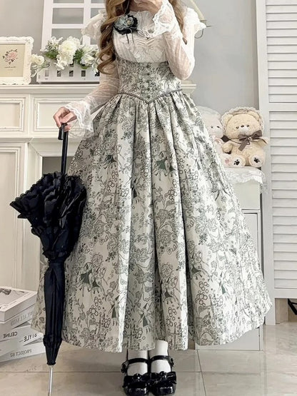 Green Basque Boned Bust Lolita Skirt and Jumper Waist Animals Print Wood Under