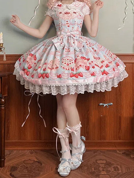 and Dress Print Sweet Jumper Strawberry Blue Skirt Cute Cake Lolita