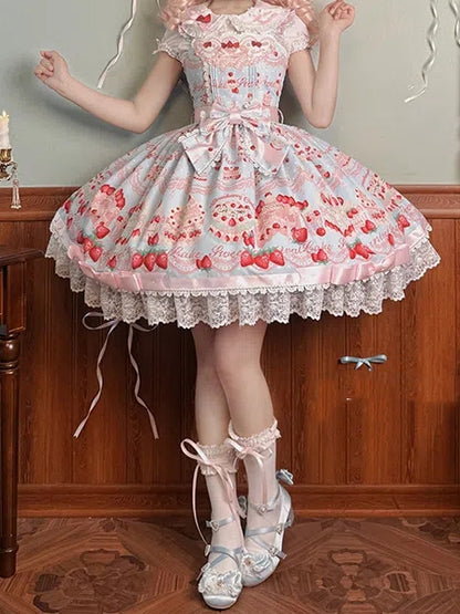and Dress Print Sweet Jumper Strawberry Blue Skirt Cute Cake Lolita