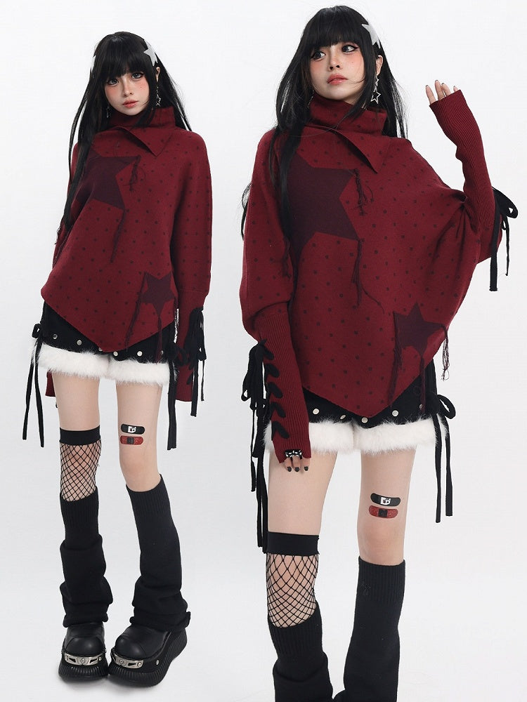 Red Turtleneck Sweater with Star Polka Dot Print, Pointed Hem, Frayed Fringe & Lace-Up - Catwish