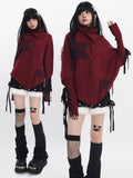 Red Turtleneck Sweater with Star Polka Dot Print, Pointed Hem, Frayed Fringe & Lace-Up - Catwish