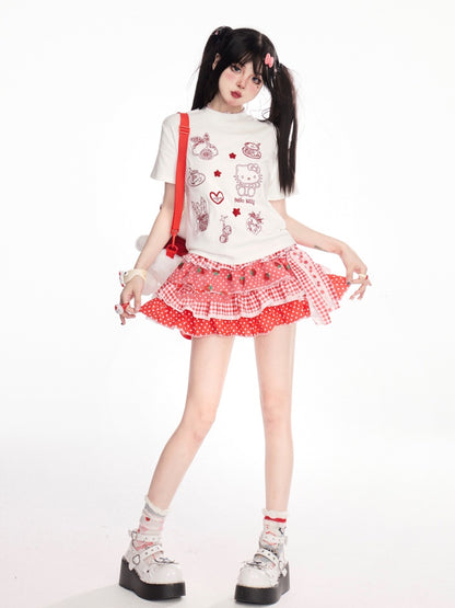 スカート スイート ポルカドット ティアード ストロベリーレッド チェック柄