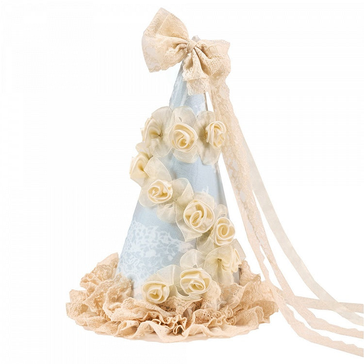 Apricot Satin Rose & Lace Bow Cone Hat with Blue Print Accents - Blood Supply