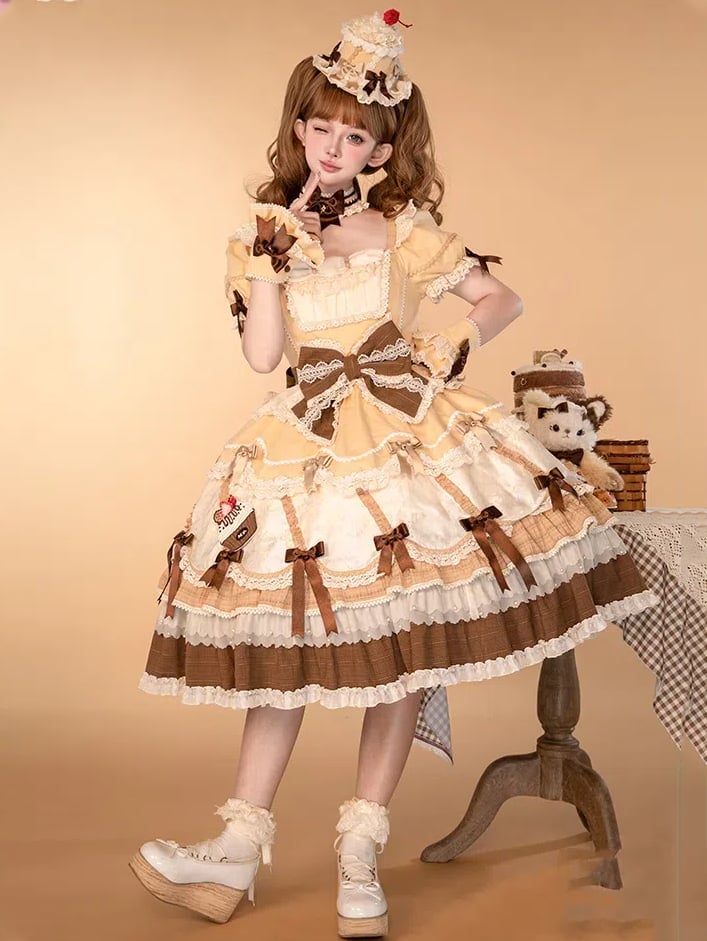 Puff Lolita Yellow and Square Neckline Bowknot Sweet Sleeves Details Dress