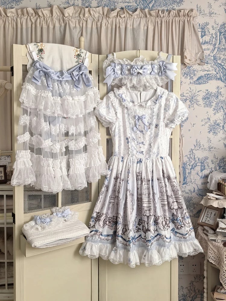 White Layered Lace Lolita Overlay with Blue Bowknots - Meng Fu Zi
