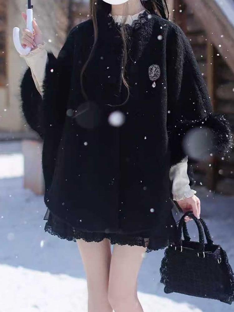 Black Cape Cuffs Jirai Plush Cozy Winter Coat - Kei with Fall Essential A Collar