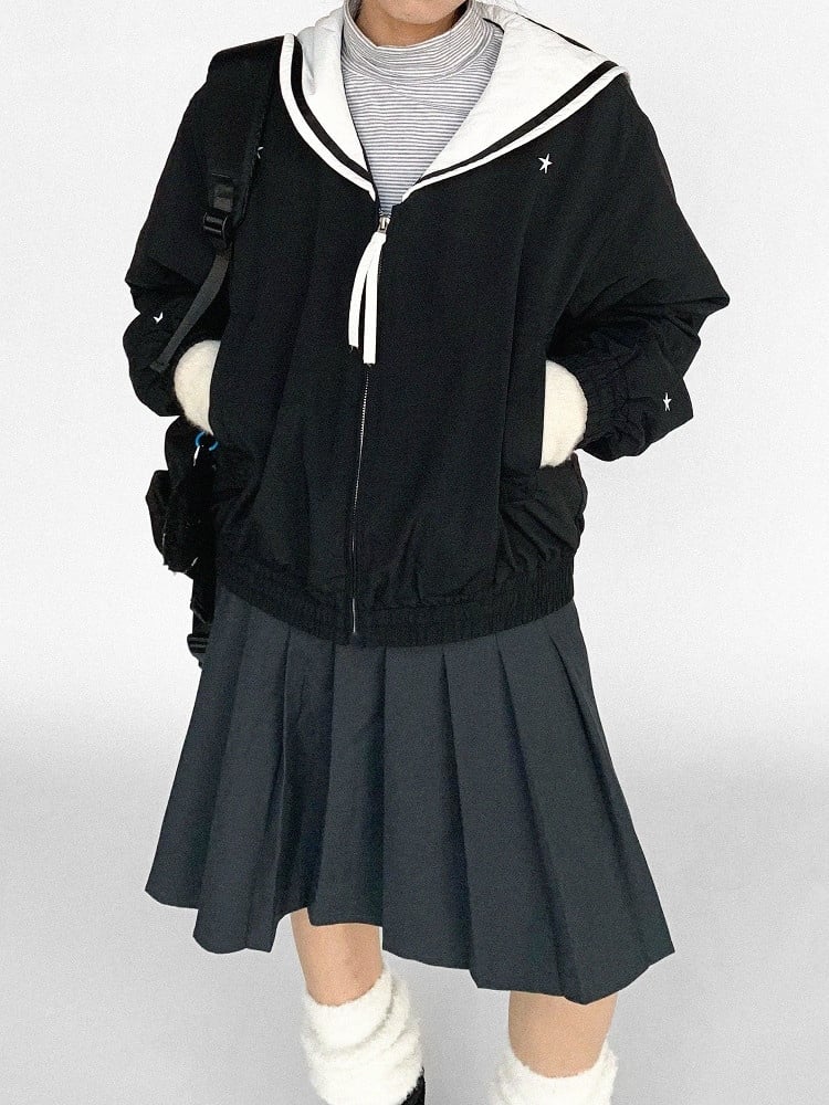 Star Collar Front with Black Sailor White Jacket Zipper - Patches Heart