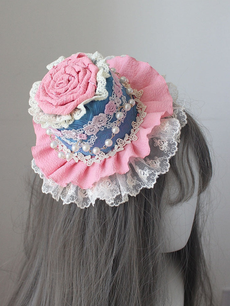 Lace Floral Mini Beaded Trim Decorated BluePink/Pink Hat