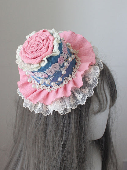 Floral Beaded Mini Trim Hat BluePink/Pink Decorated Lace