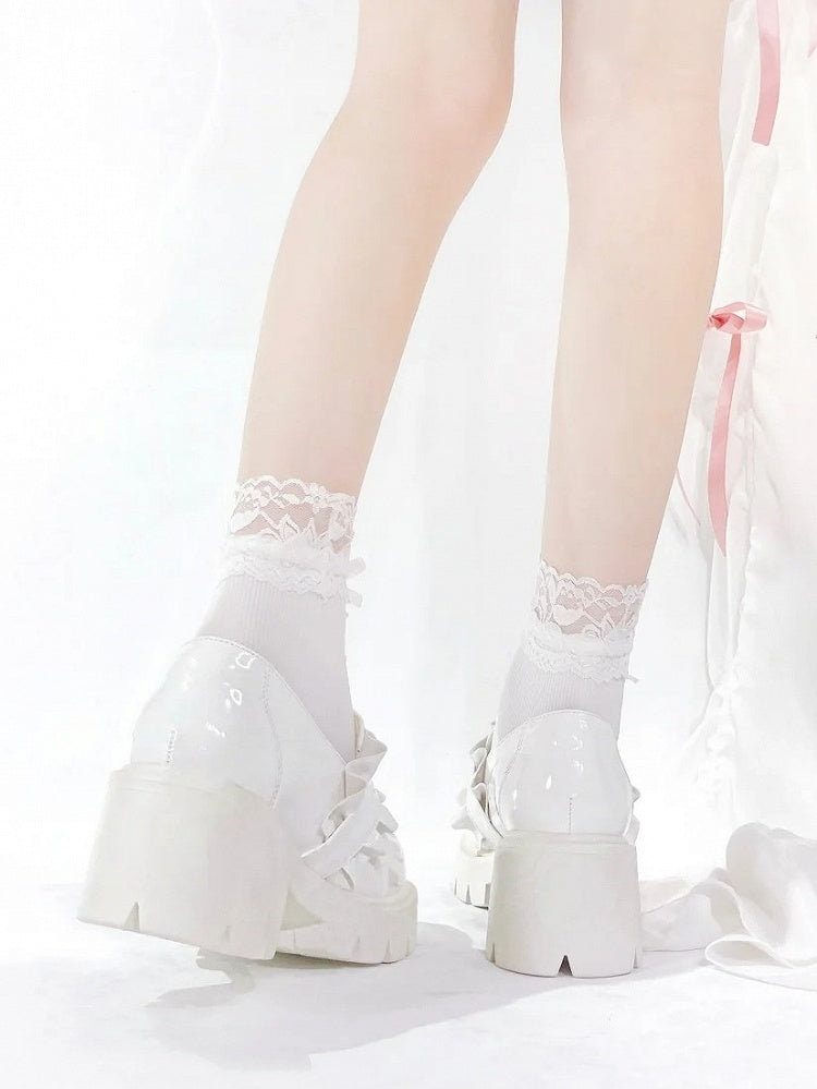 6.5cm White Chunky with Sweetheart Detail Kei Platform Heel Loafers Beaded Jirai