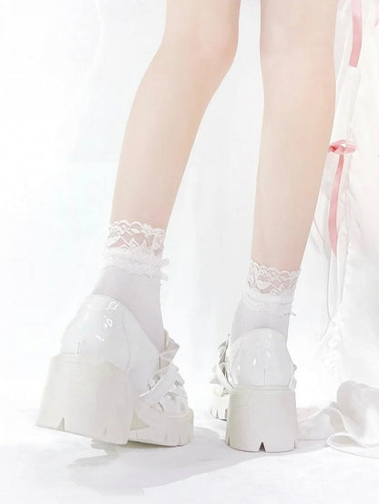 6.5cm White Chunky with Sweetheart Detail Kei Platform Heel Loafers Beaded Jirai