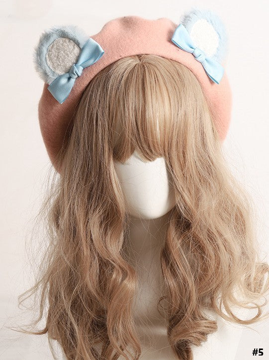 20 Color Options Sweet Lolita Plush Bear Ear Bowknot Beret