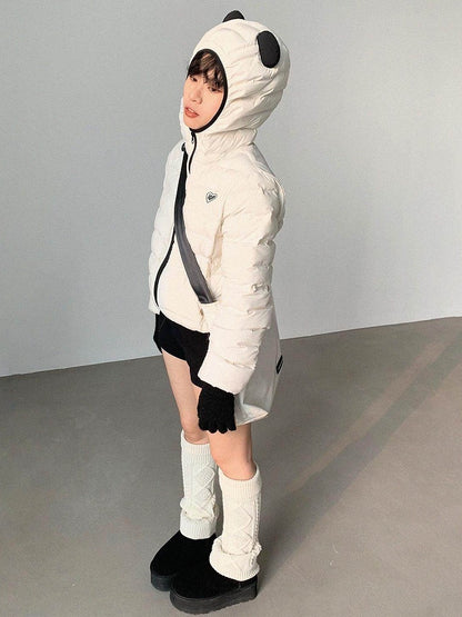 White Jacket Zipper Panda Ear with Decor Hood - Ribbed Daily Kawaii Down Front Hooded