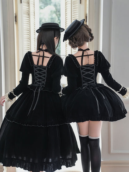Cross Version Juliette Boned Short Dress Lolita Black Sleeves Embroidery Waist