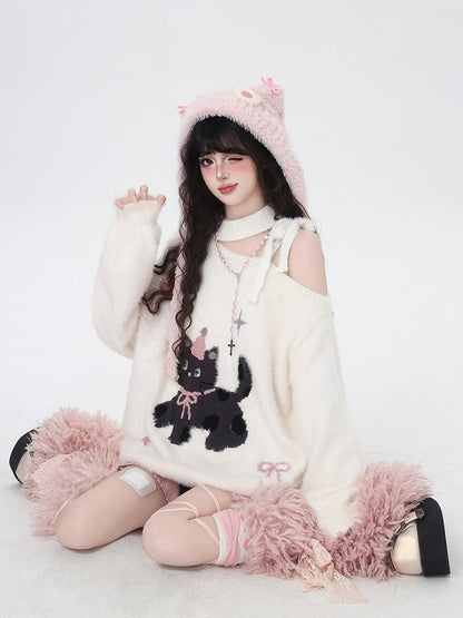 Pink/White Cozy One-Shoulder Fuzzy Balloon Sleeve Sweater with Cat and Bow Patterns