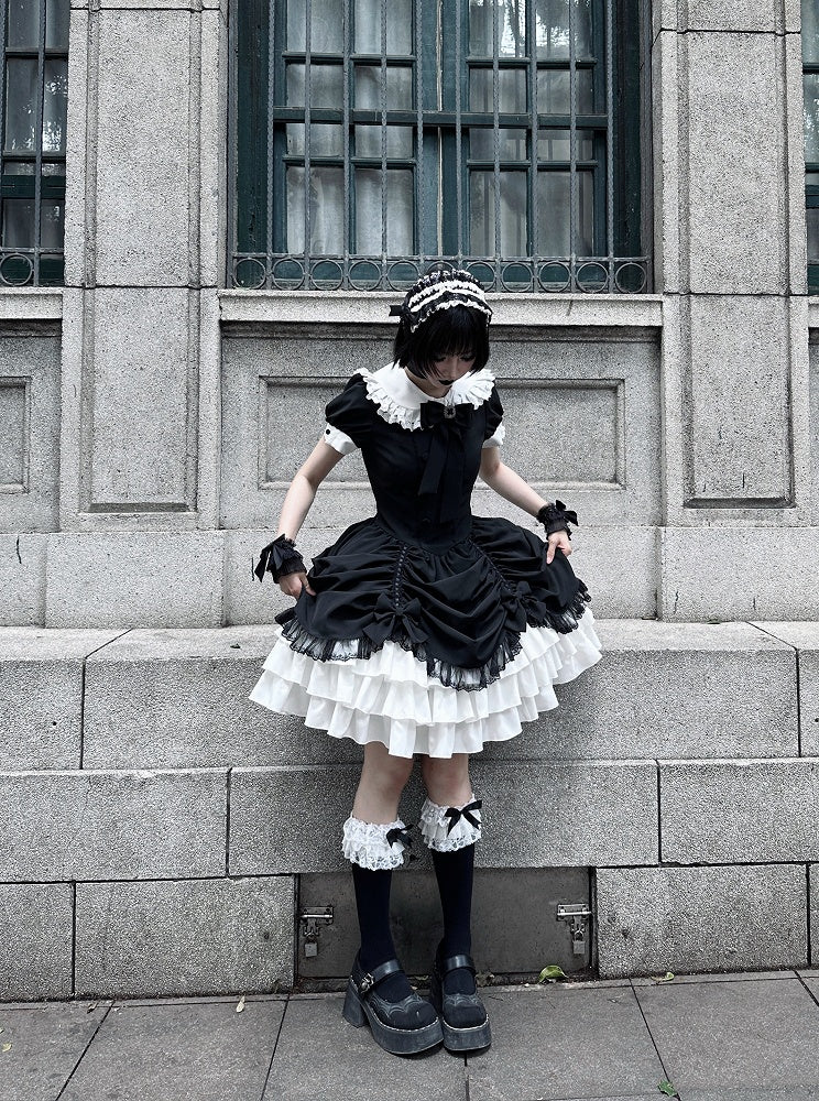 and Asymmetrical Dress Black Lolita Peter Pan White Skirt Tiered Gothic Sleeves Collar Short