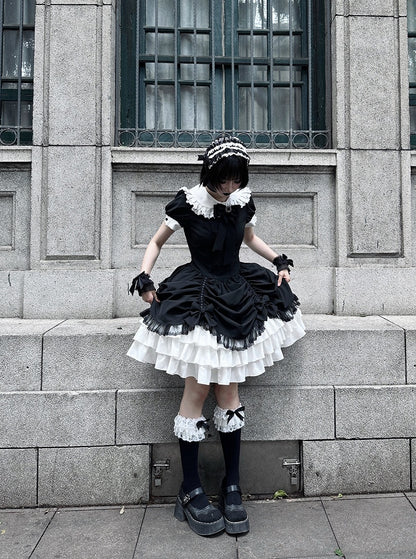 and Asymmetrical Dress Black Lolita Peter Pan White Skirt Tiered Gothic Sleeves Collar Short