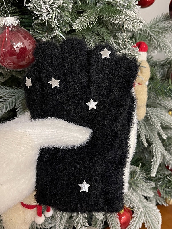 Schwarz/Weiße Lolita Star Plüschhandschuhe