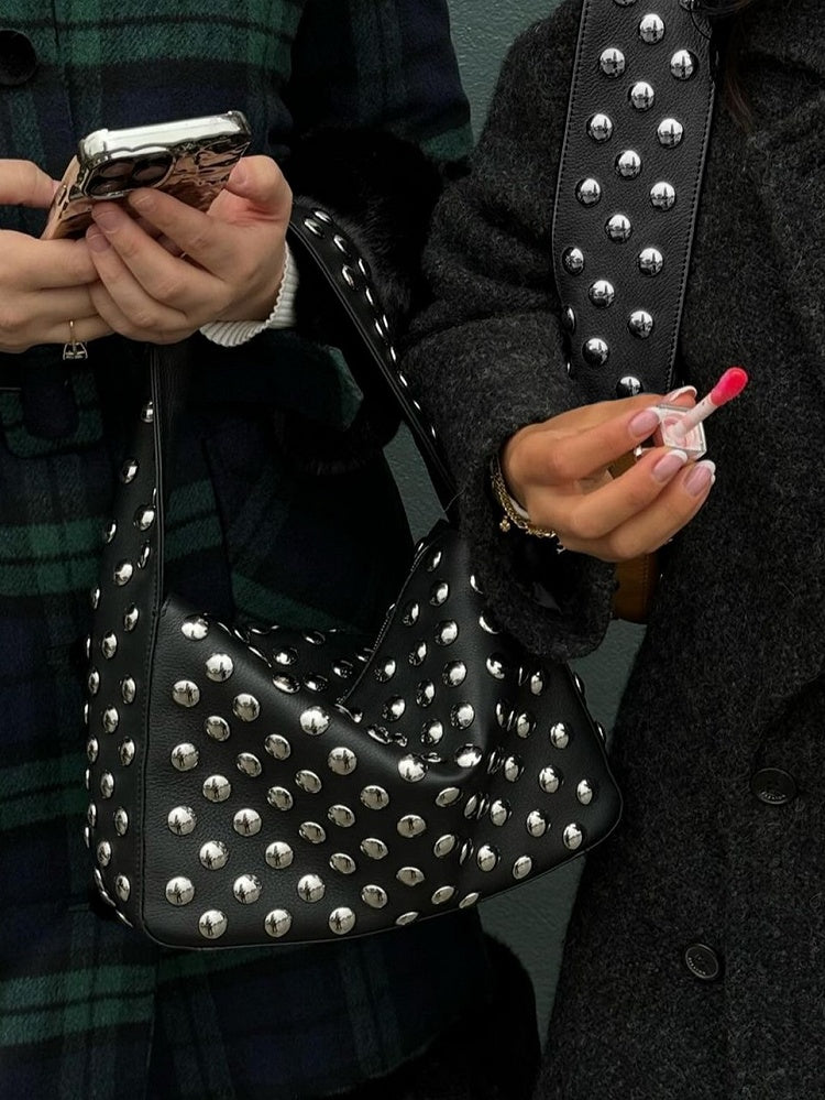 Edgy Black Studded Wide-Strap Shoulder Bag