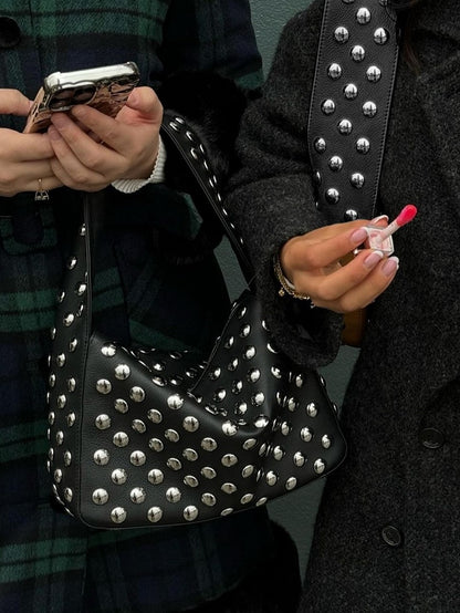 Edgy Black Studded Wide-Strap Shoulder Bag