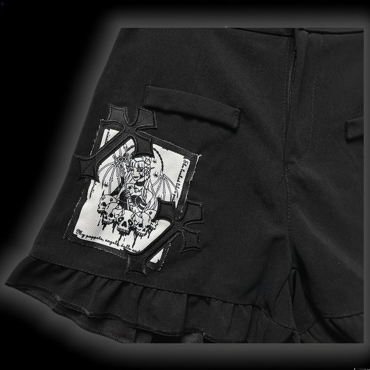 ゴシックブラッククロスパッチハイウエストフリルトリムショーツ（フリーウエストチェーン付き）