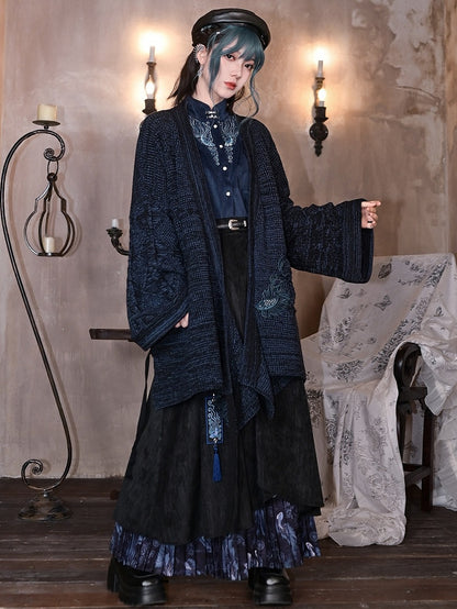 Design Navy Collar Cheongsam Goth Cardigan Self-tie Goldfish Embroidery - Crossover Strap