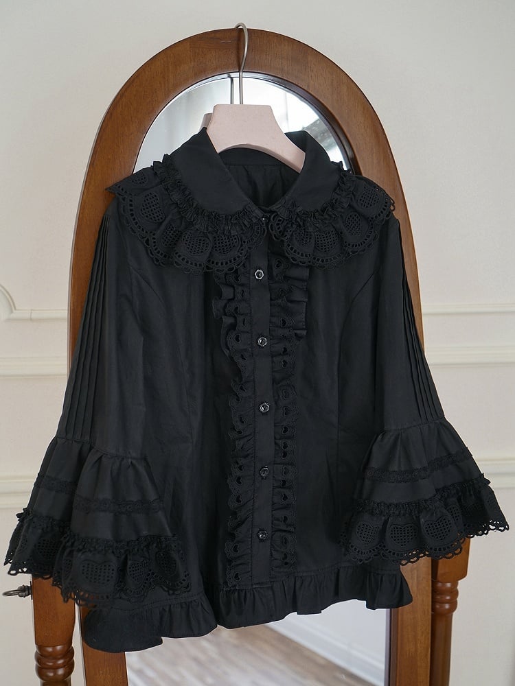 ブラック ラウンドフラットカラー ベルスリーブ コットンブラウス