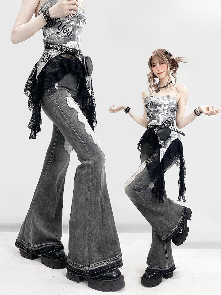 ほろ苦いグレーのダメージ加工ディテールフレアジーンズホールシルエット