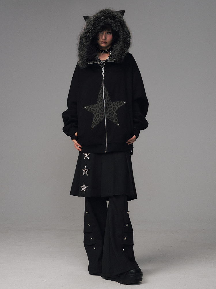 Design Jacket Star-shaped Leopard Patchwork Black - Gyaru Print