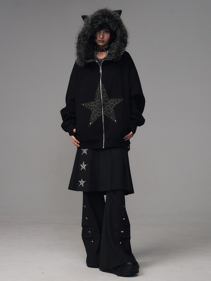 Design Jacket Star-shaped Leopard Patchwork Black - Gyaru Print