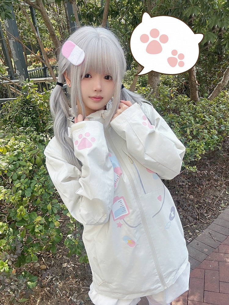 Kawaii Yami Windbreaker Beige Print Jacket Doctor Cat Hood Drawstring with