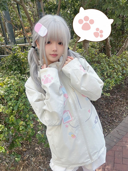 Kawaii Yami Windbreaker Beige Print Jacket Doctor Cat Hood Drawstring with