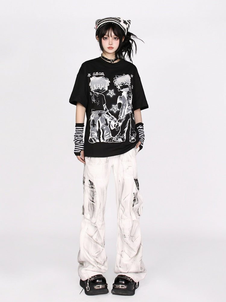 Loose-Fit Anime Character Graphic Tee - Flattering and Stylish White/Black/Pink