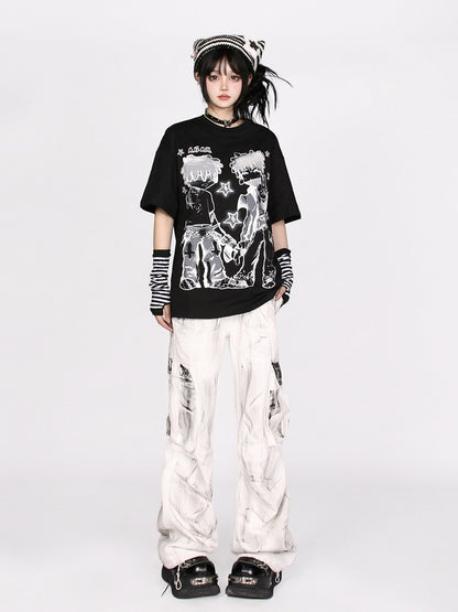 Loose-Fit Anime Character Graphic Tee - Flattering and Stylish White/Black/Pink