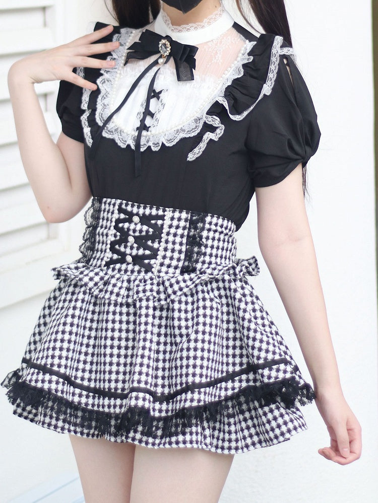 / Lace Trim with Bead Details  White Plaid Blouse Jirai Kei Illusion Neckline Black