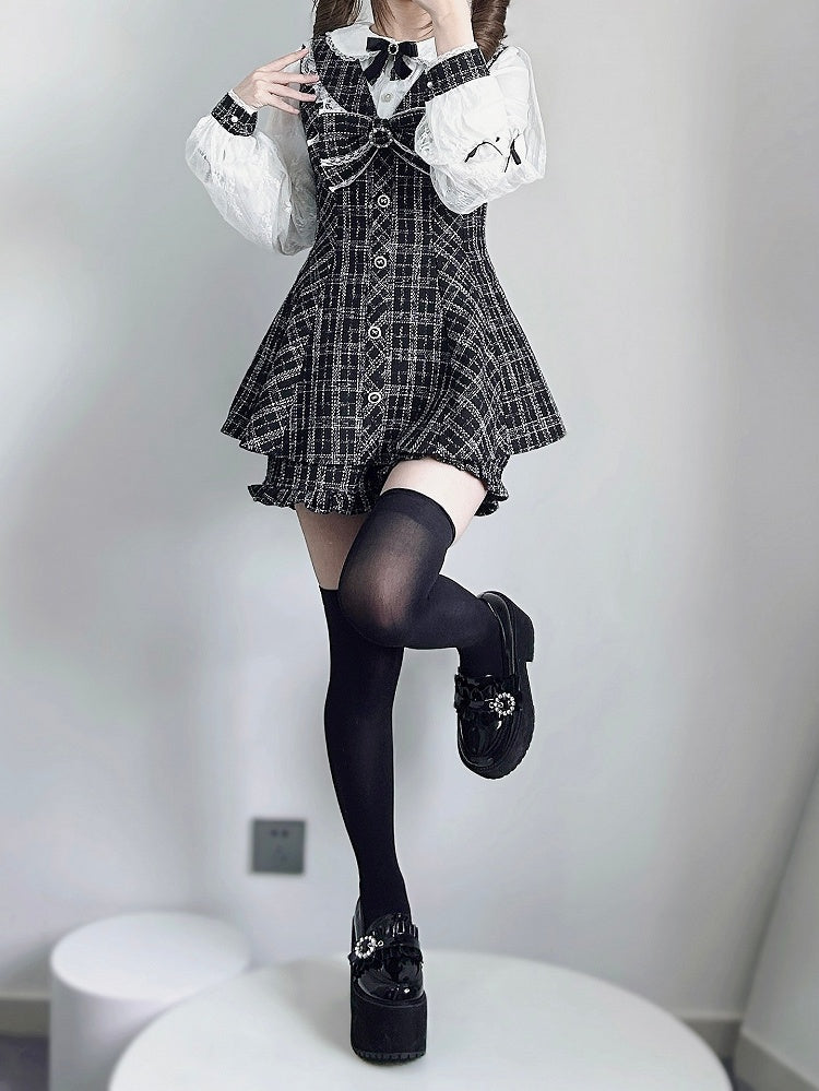 ミニドレス、ショートパンツ付き、リボンセット、取り外し可能なビッグジライケイ、ブラック、ホワイト、ツイード、ピーターパンカラー