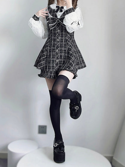 ミニドレス、ショートパンツ付き、リボンセット、取り外し可能なビッグジライケイ、ブラック、ホワイト、ツイード、ピーターパンカラー