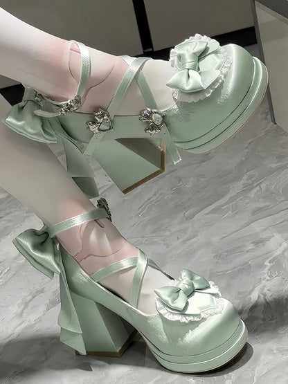 High Block Heel Satin - Bow Lolita Janes Green Detachable Mary Classic