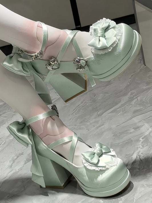 High Block Heel Satin - Bow Lolita Janes Green Detachable Mary Classic