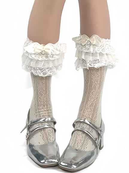 Lace Trim Bowknot Lolita Calf And Beaded Decorated Socks Beige Wings