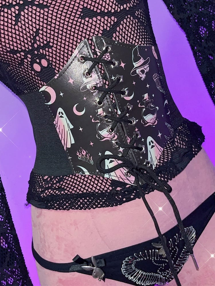 Und Taille Gyaru Fashion Moon Y2K Skelett Schwarz Schnürung PU Print Stern Geister Gürtel Details