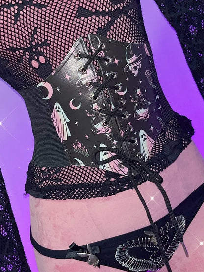 Und Taille Gyaru Fashion Moon Y2K Skelett Schwarz Schnürung PU Print Stern Geister Gürtel Details